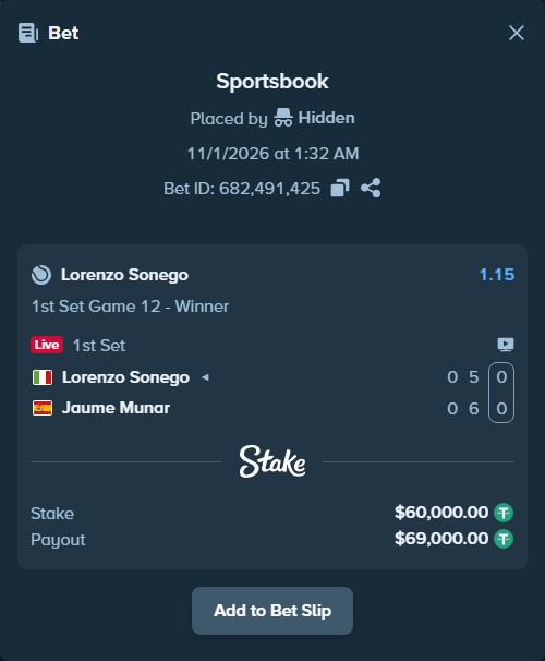 Bet slip: Lorenzo Sonego - Jaume Munar, $60,060.00 stake at 1.15 odds, placed by Hidden