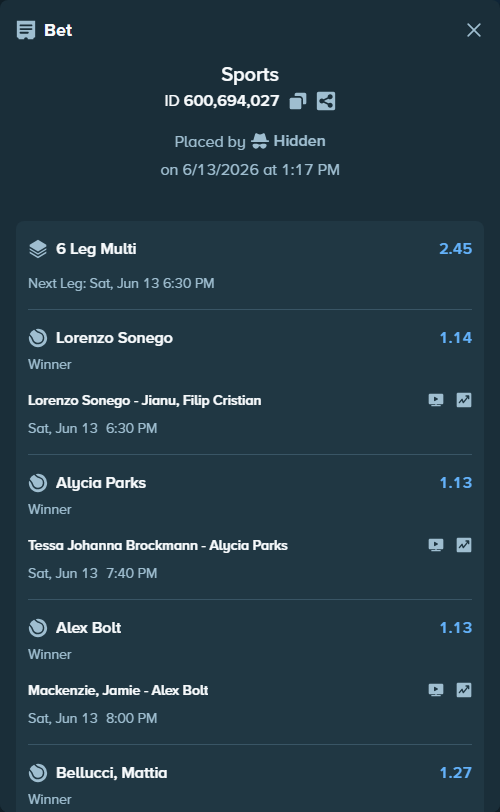 Bet slip: Lorenzo Sonego - Jianu, Filip Cristian, $100,000.00 stake at 1.14 odds, placed by Hidden
