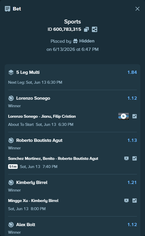Bet slip: Lorenzo Sonego - Jianu, Filip Cristian, $75,000.00 stake at 1.12 odds, placed by Hidden
