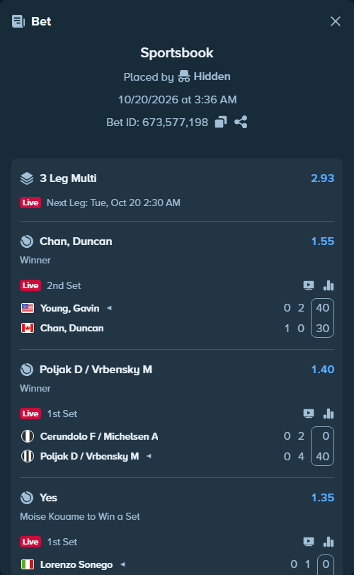 Bet slip: Lorenzo Sonego - Moise Kouame, $12,312.00 stake at 1.35 odds, placed by Hidden