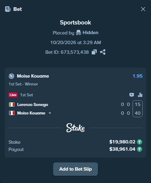 Bet slip: Lorenzo Sonego - Moise Kouame, $20,000.00 stake at 1.95 odds, placed by WinTr10