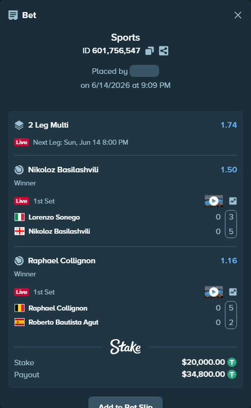 Bet slip: Lorenzo Sonego - Nikoloz Basilashvili, $20,020.00 stake at 1.50 odds, placed by AsTraL11