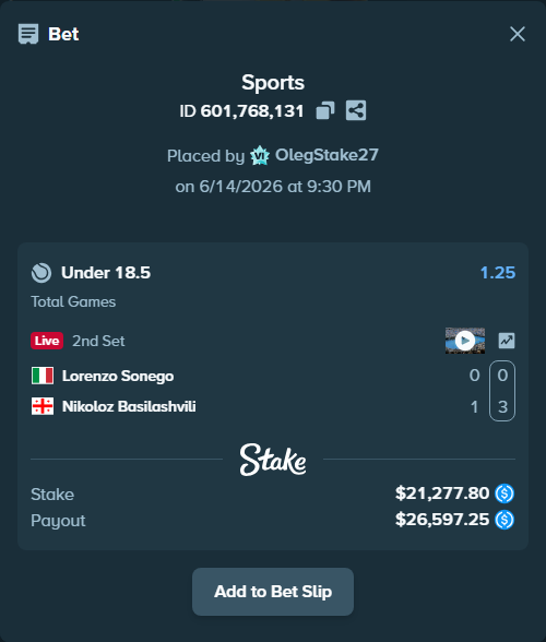 Bet slip: Lorenzo Sonego - Nikoloz Basilashvili, $21,277.80 stake at 1.25 odds, placed by OlegStake27