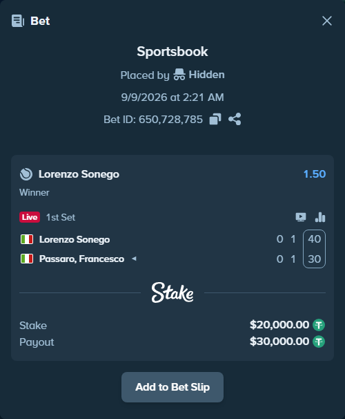 Bet slip: Lorenzo Sonego - Passaro, Francesco, $20,000.00 stake at 1.50 odds, placed by Hidden