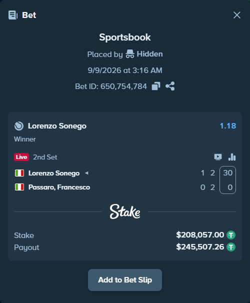 Bet slip: Lorenzo Sonego - Passaro, Francesco, $208,057.00 stake at 1.18 odds, placed by Hidden