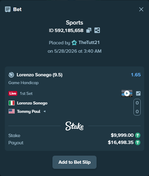 Bet slip: Lorenzo Sonego - Tommy Paul, $10,019.00 stake at 1.65 odds, placed by TheTutt21