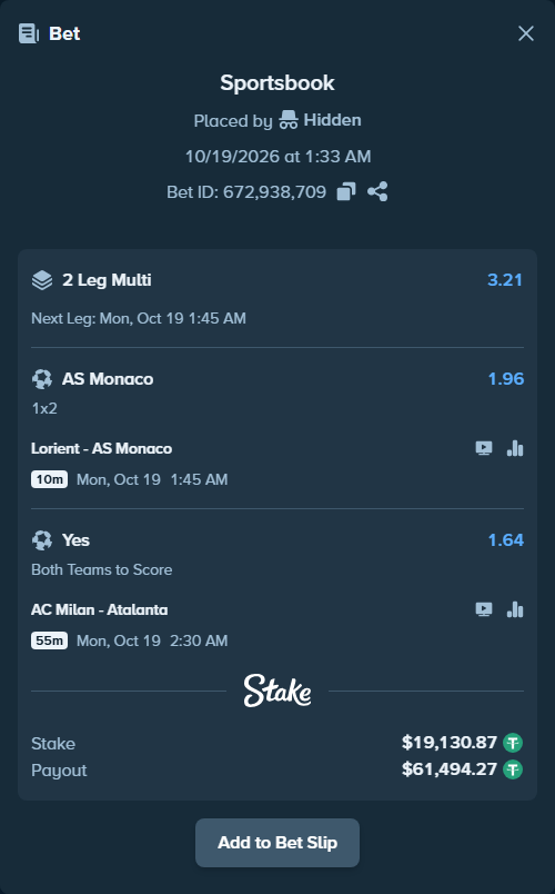 Bet slip: Lorient - AS Monaco, $19,150.00 stake at 1.96 odds, placed by Hidden