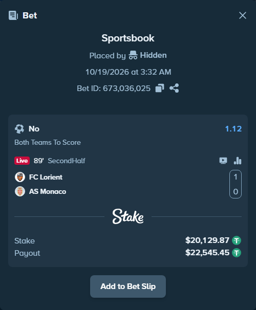 Bet slip: Lorient - AS Monaco, $20,150.00 stake at 1.12 odds, placed by Rodrigom04