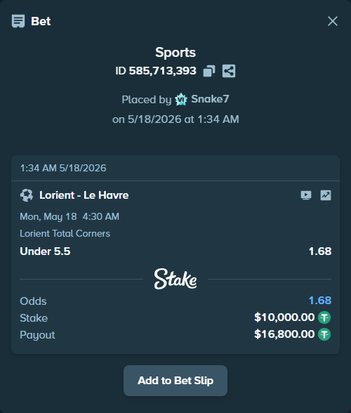 Bet slip: Lorient - Le Havre, $10,000.00 stake at 1.68 odds, placed by Snake7