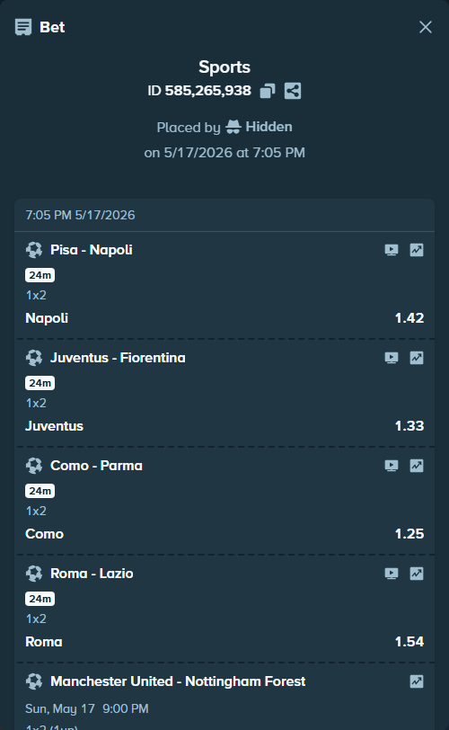 Bet slip: Lorient - Le Havre, $18,603.00 stake at 1.28 odds, placed by Hidden