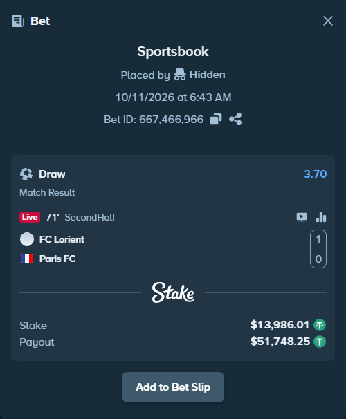 Bet slip: Lorient - Paris FC, $14,000.00 stake at 3.70 odds, placed by Hidden