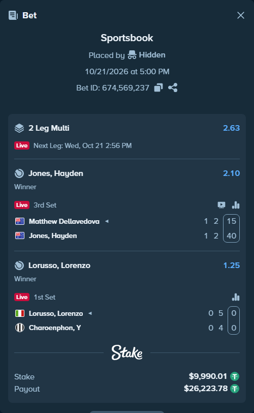 Bet slip: Lorusso, Lorenzo - Charoenphon, Y, $10,000.00 stake at 1.25 odds, placed by Hidden
