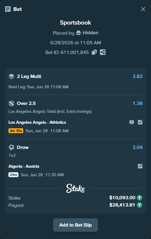 Bet slip: Los Angeles Angels - Athletics, $10,103.09 stake at 1.38 odds, placed by Hidden