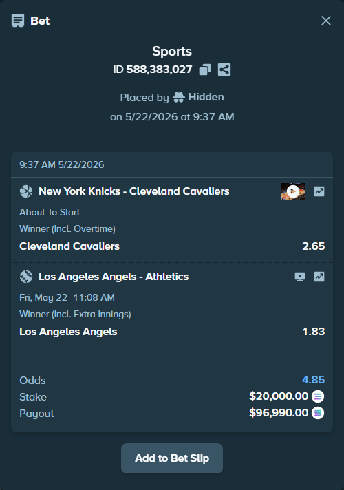 Bet slip: Los Angeles Angels - Athletics, $16,670.50 stake at 1.83 odds, placed by Tylerplayslive