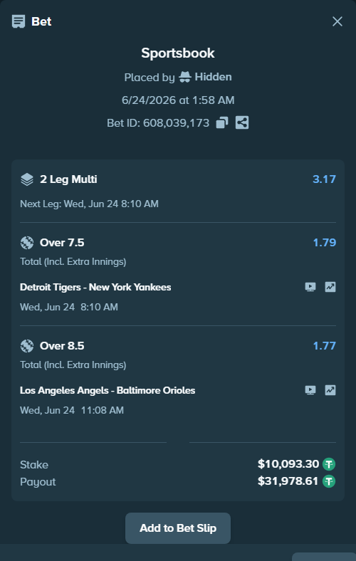 Bet slip: Los Angeles Angels - Baltimore Orioles, $10,103.39 stake at 1.77 odds, placed by Helsoq