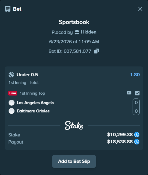 Bet slip: Los Angeles Angels - Baltimore Orioles, $10,299.38 stake at 1.80 odds, placed by Hidden