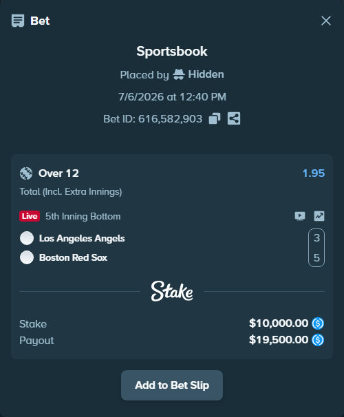 Bet slip: Los Angeles Angels - Boston Red Sox, $10,000.00 stake at 1.95 odds, placed by Hidden