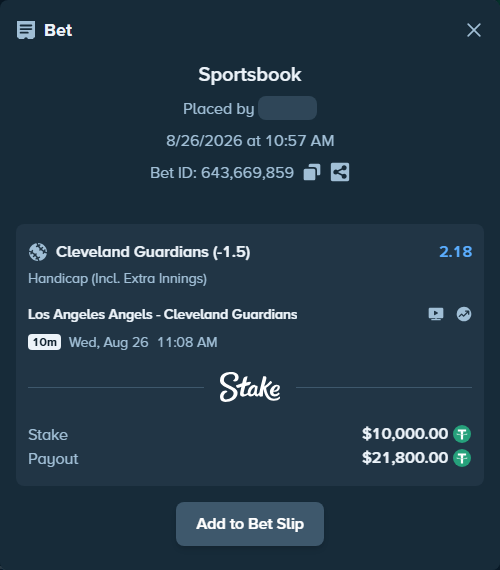 Bet slip: Los Angeles Angels - Cleveland Guardians, $10,000.00 stake at 2.18 odds, placed by Grupotheking
