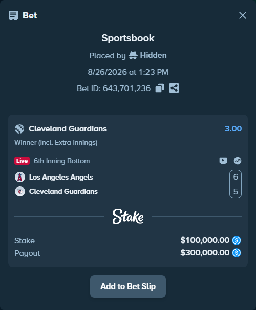 Bet slip: Los Angeles Angels - Cleveland Guardians, $100,000.00 stake at 3.00 odds, placed by Hidden