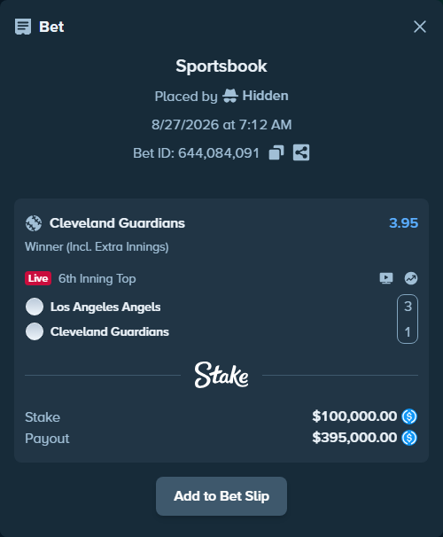 Bet slip: Los Angeles Angels - Cleveland Guardians, $100,000.00 stake at 3.95 odds, placed by Hidden