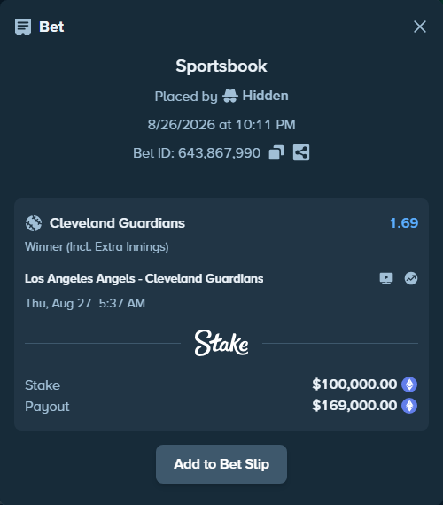 Bet slip: Los Angeles Angels - Cleveland Guardians, $101,480.45 stake at 1.69 odds, placed by Hidden