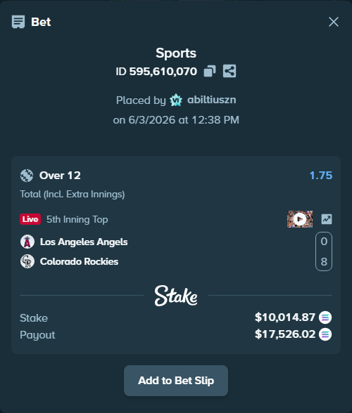 Bet slip: Los Angeles Angels - Colorado Rockies, $9,888.33 stake at 1.75 odds, placed by abiltiuszn