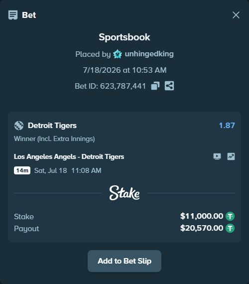 Bet slip: Los Angeles Angels - Detroit Tigers, $11,000.00 stake at 1.87 odds, placed by unhingedking