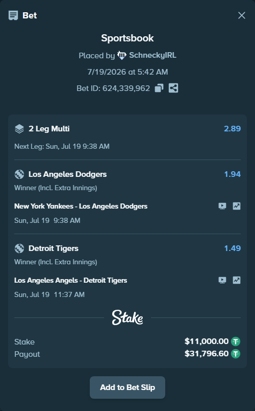 Bet slip: Los Angeles Angels - Detroit Tigers, $11,011.00 stake at 1.49 odds, placed by SchneckyIRL
