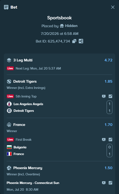 Bet slip: Los Angeles Angels - Detroit Tigers, $38,909.80 stake at 1.85 odds, placed by Hidden