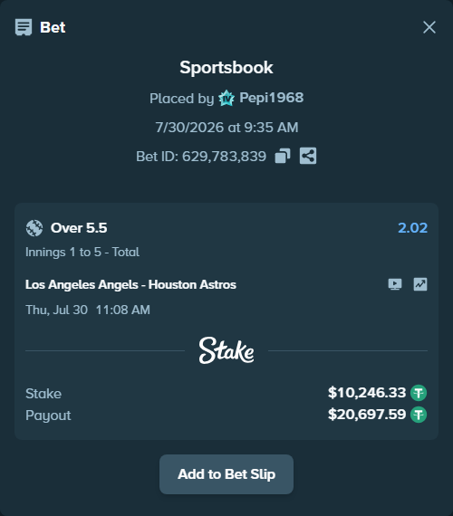 Bet slip: Los Angeles Angels - Houston Astros, $10,256.58 stake at 2.02 odds, placed by Pepi1968