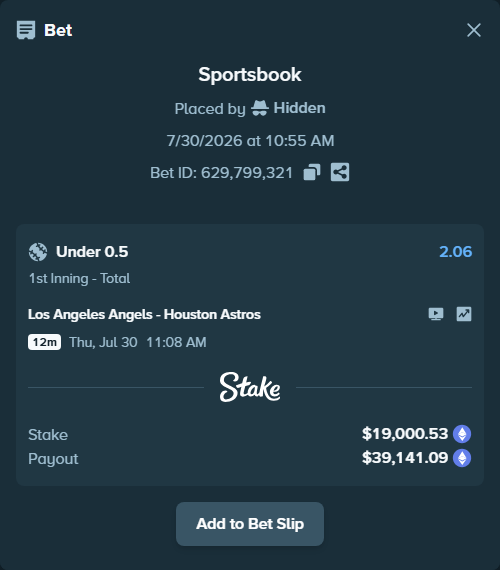 Bet slip: Los Angeles Angels - Houston Astros, $19,024.86 stake at 2.06 odds, placed by Hidden