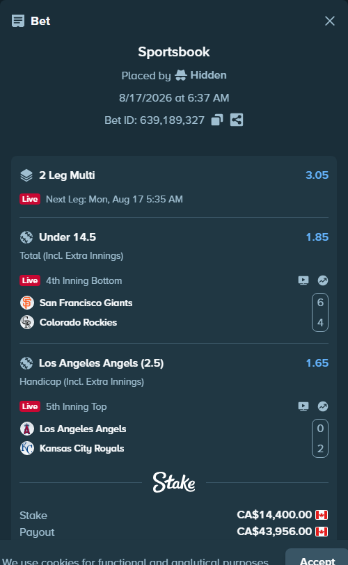 Bet slip: Los Angeles Angels - Kansas City Royals, $10,656.00 stake at 1.65 odds, placed by Hidden