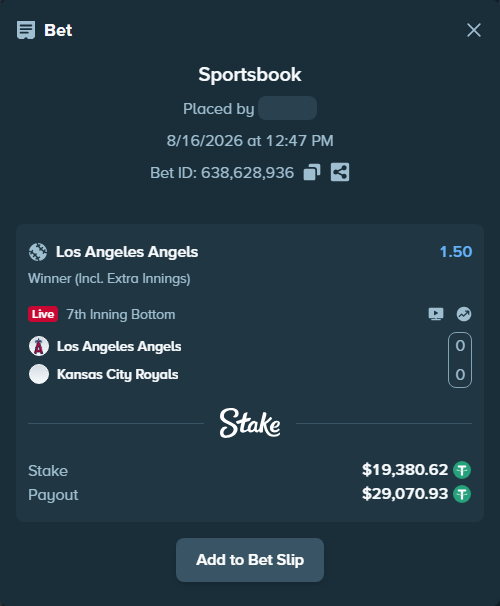 Bet slip: Los Angeles Angels - Kansas City Royals, $19,400.00 stake at 1.50 odds, placed by piropiro12