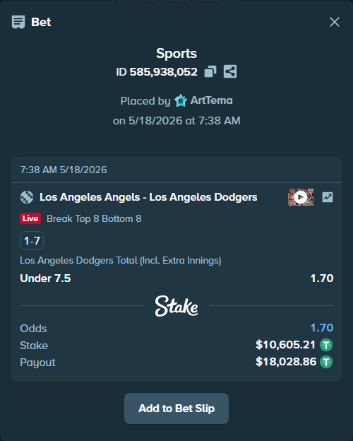 Bet slip: Los Angeles Angels - Los Angeles Dodgers, $10,615.82 stake at 1.70 odds, placed by ArtTema