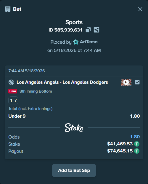 Bet slip: Los Angeles Angels - Los Angeles Dodgers, $41,511.00 stake at 1.80 odds, placed by ArtTema