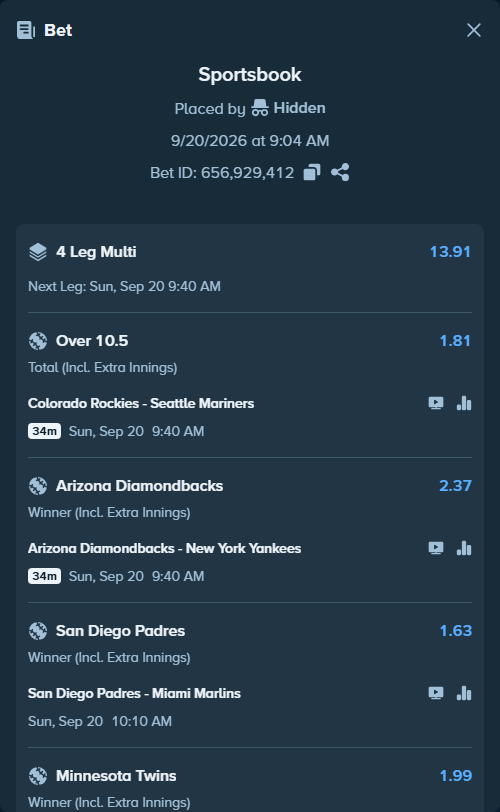 Bet slip: Los Angeles Angels - Minnesota Twins, $10,000.00 stake at 1.99 odds, placed by Hidden