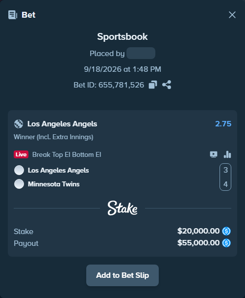 Bet slip: Los Angeles Angels - Minnesota Twins, $20,000.00 stake at 2.75 odds, placed by Cabrzy