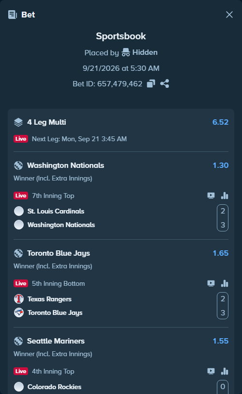 Bet slip: Los Angeles Angels - Minnesota Twins, $24,000.00 stake at 1.96 odds, placed by Hidden