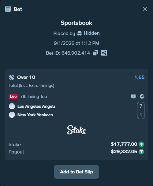 Bet slip: Los Angeles Angels - New York Yankees, $17,777.00 stake at 1.65 odds, placed by Hidden