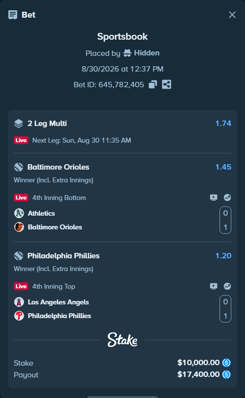 Bet slip: Los Angeles Angels - Philadelphia Phillies, $10,000.00 stake at 1.20 odds, placed by Hidden