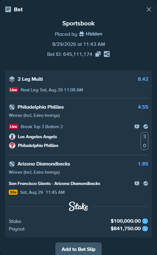 Bet slip: Los Angeles Angels - Philadelphia Phillies, $100,000.00 stake at 4.55 odds, placed by Hidden