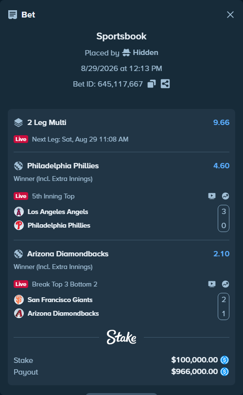 Bet slip: Los Angeles Angels - Philadelphia Phillies, $100,000.00 stake at 4.60 odds, placed by Hidden