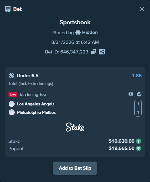 Bet slip: Los Angeles Angels - Philadelphia Phillies, $10,630.00 stake at 1.85 odds, placed by Hidden
