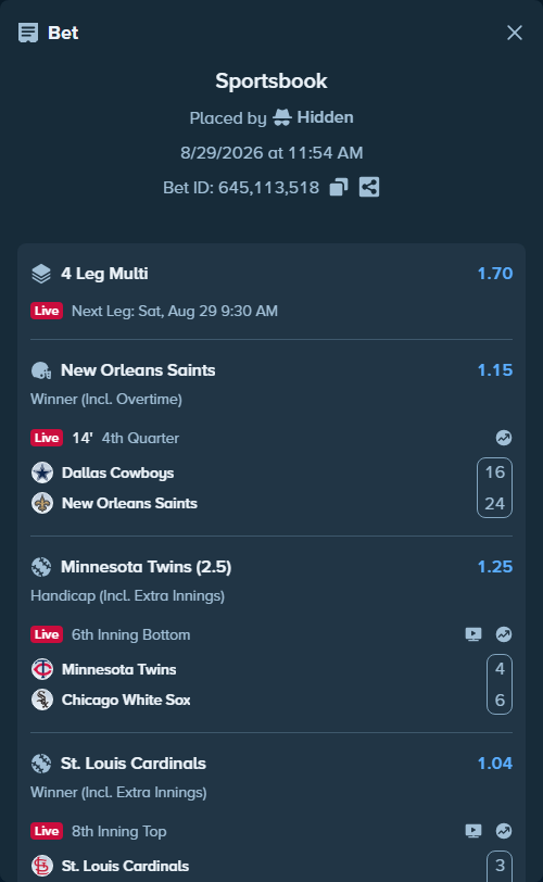 Bet slip: Los Angeles Angels - Philadelphia Phillies, $10,673.89 stake at 1.14 odds, placed by Hidden