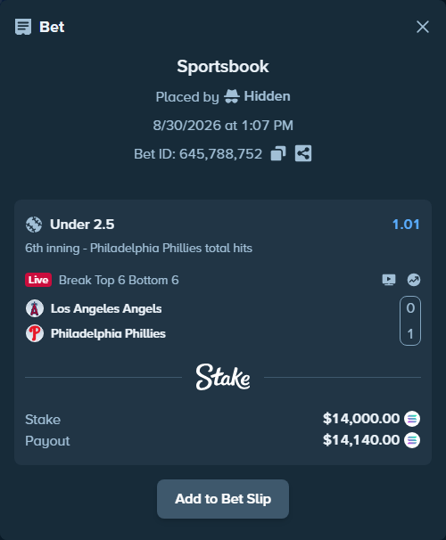 Bet slip: Los Angeles Angels - Philadelphia Phillies, $13,980.47 stake at 1.01 odds, placed by Hidden