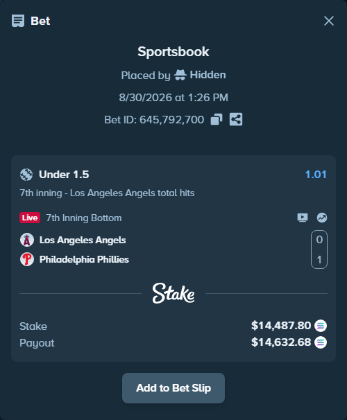 Bet slip: Los Angeles Angels - Philadelphia Phillies, $14,476.73 stake at 1.01 odds, placed by Hidden