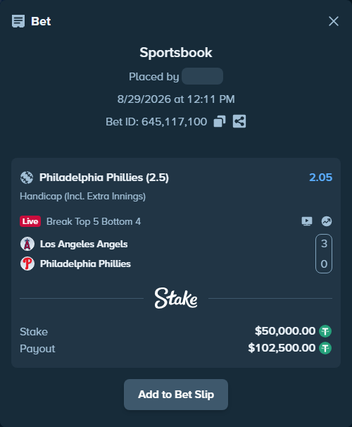 Bet slip: Los Angeles Angels - Philadelphia Phillies, $50,000.00 stake at 2.05 odds, placed by ayoflasher
