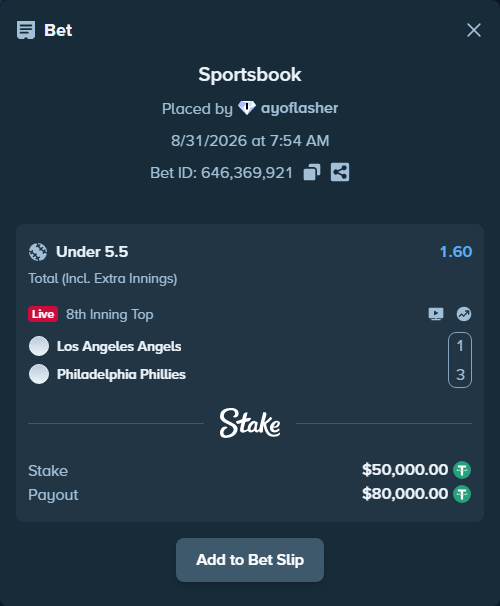 Bet slip: Los Angeles Angels - Philadelphia Phillies, $50,000.00 stake at 1.60 odds, placed by ayoflasher
