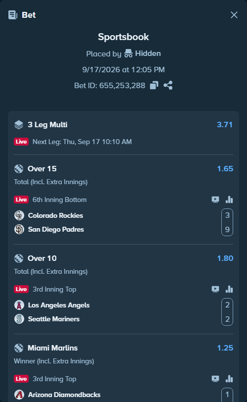 Bet slip: Los Angeles Angels - Seattle Mariners, $22,000.00 stake at 1.80 odds, placed by Hidden