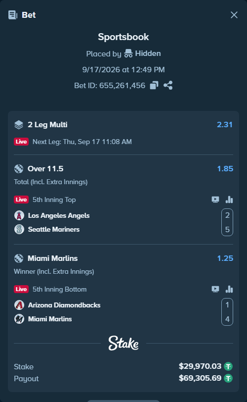Bet slip: Los Angeles Angels - Seattle Mariners, $30,000.00 stake at 1.85 odds, placed by Hidden